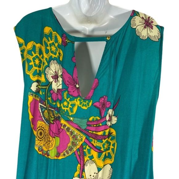 Munny Plus Size 14 Dress Tunic Teal Floral Drop Drawstring Waist Sleeveless - Picture 5 of 8